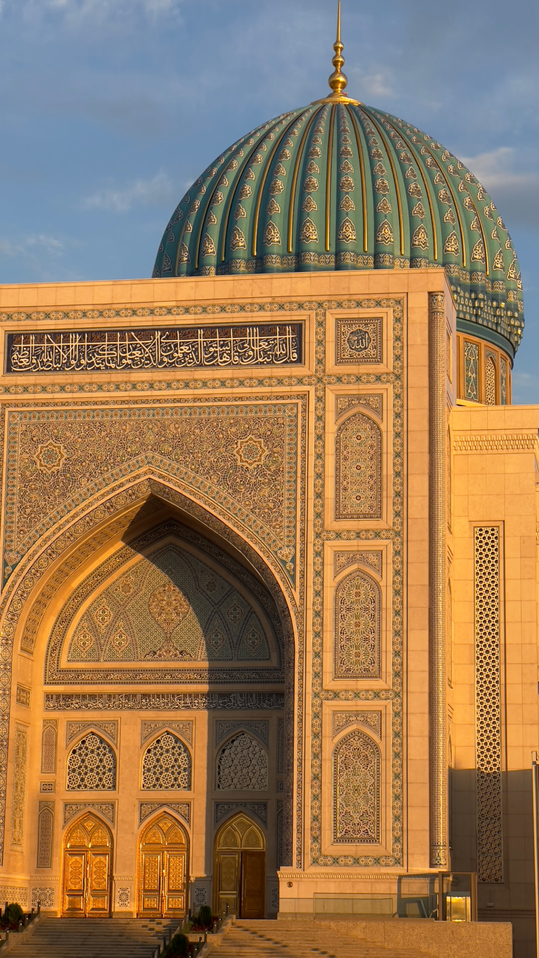 Tiled Uzbek mosque facade with geometric patterns